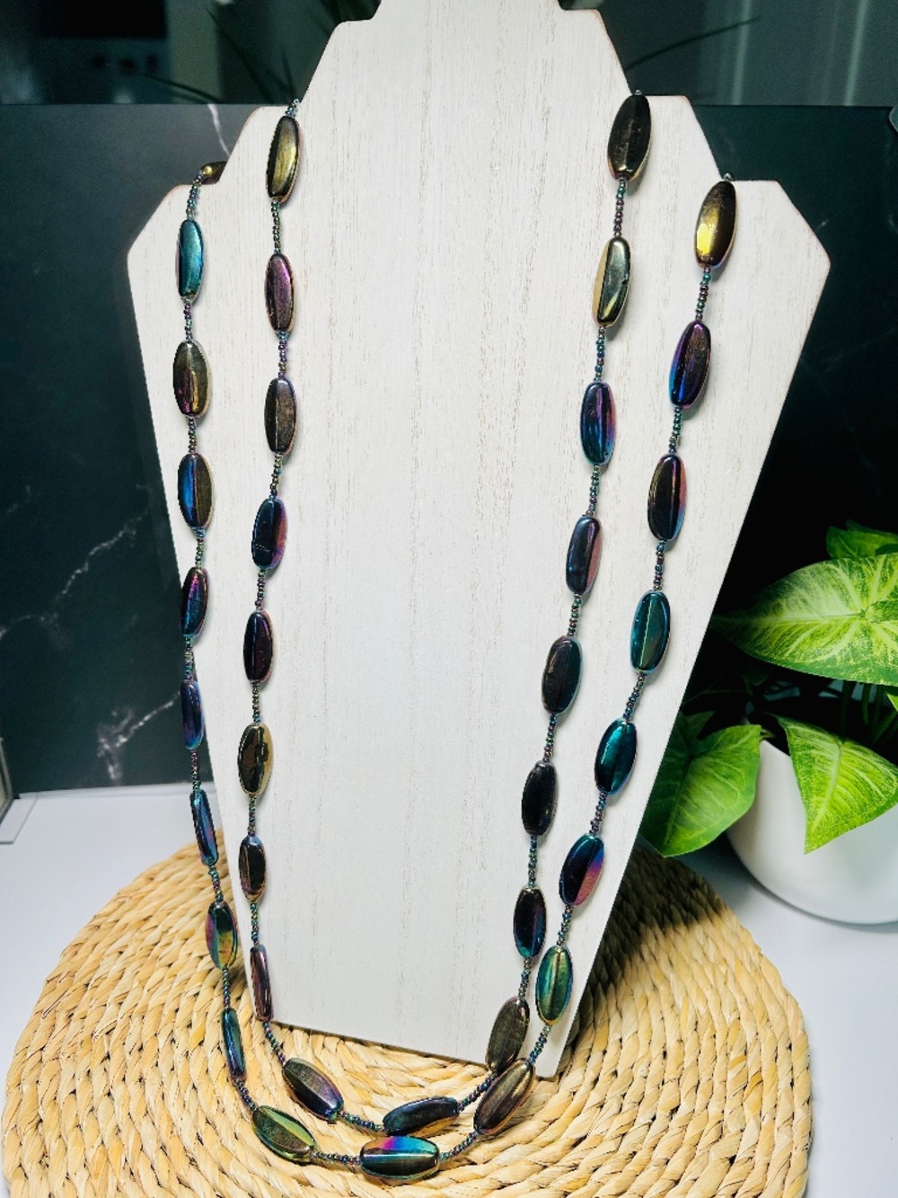 Vintage Aurora Borealis Peacock Glass Iridescent Oval Shaped Beaded 2 Strand